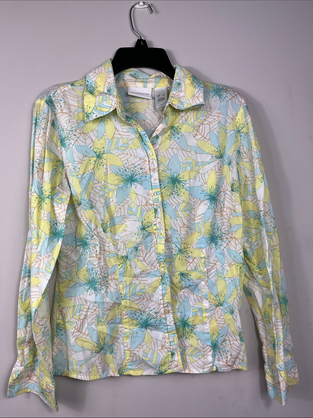 Liz Claiborne Floral Button Down Blouse Pastel Long Sleeve Top Size Small Aqua